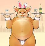 alcohol anthro beard belly beverage big_belly bow_(feature) bow_in_front bow_tie bow_underwear bulge bunny_costume clothed clothing clothing_bow costume crossdressing digital_media_(artwork) dota facial_hair fake_ears fake_rabbit_ears fur humanoid_hands male mammal mangix_the_brewmaster moobs mostly_nude navel nipples orange_body orange_fur overweight overweight_anthro overweight_male pkaocko platter playboy_bunny smile solo thick_thighs underwear waiter