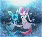 abstract_background ambiguous_gender annoyed blue_body blue_eyes blue_fur duo eyelashes fangs feral fur half-closed_eyes happy heart_symbol looking_at_another narrowed_eyes open_mouth paws pink_body pink_fur ribbons_(anatomy) sitting tail teeth tongue white_body mrh2o2 nintendo pokemon eeveelution generation_4_pokemon generation_6_pokemon glaceon pokemon_(species) sylveon 2025 dated hi_res signature