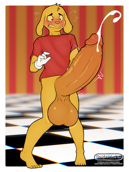 anthro balls big_balls big_penis blush blush_lines bodily_fluids bottomless clenched_teeth clothed clothing cum ejaculation erection fur genital_fluids genitals gloves handwear huge_balls huge_penis humanoid_genitalia humanoid_penis hyper hyper_balls hyper_genitalia hyper_penis leaking leaking_cum looking_at_genitalia looking_at_own_penis looking_at_penis looking_at_self male partially_clothed penis red_clothing red_shirt red_t-shirt red_topwear shirt simple_background solo standing sweat t-shirt teeth text topwear vein veiny_penis white_clothing white_gloves white_handwear timidwithapen glitch_productions the_amazing_digital_circus scratch_(tadc) canid canine mammal 3:4 colored digital_drawing_(artwork) digital_media_(artwork) hi_res shaded url