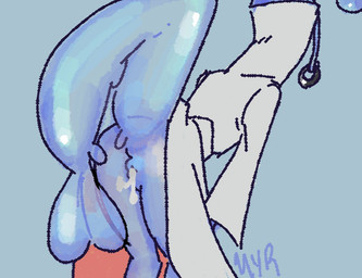 ambiguous_gender anthro anus bodily_fluids clothed clothing cum cum_in_ass cum_inside genital_fluids partially_clothed presenting presenting_anus solo translucent juniperjyode nintendo splatoon splatoon_3:_side_order cipher_(splatoon) aquatic arthropod crustacean decapod malacostracan prawn shrimp