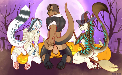 anthro anus backsack balls bandage bottomless broom butt claws cleaning_tool clothed clothing digitigrade food fruit full_moon genitals group hat hat_only headgear headgear_only headwear headwear_only holidays jack-o'-lantern kneeling leggings legwear looking_at_viewer looking_back male moon mostly_nude night nude partially_clothed pawpads perineum plant presenting presenting_anus presenting_hindquarters pumpkin raised_tail shy smile squish tail take_your_pick thigh_squish hinar_miler halloween victory_(texdot) felid mammal mustelid otter pantherine snow_leopard unknown_species character_request digital_media_(artwork)