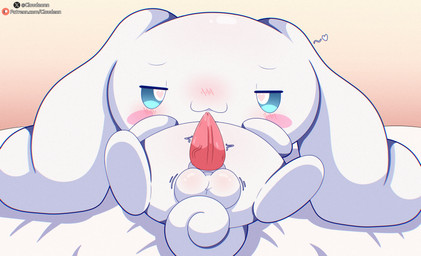 :3 anthro aroused aroused_face aroused_smile balls bed bedroom_eyes big_ears blue_eyes blush blush_lines bodily_fluids erection flirting flirting_look flirting_with_viewer fur furniture genital_fluids genitals gradient_background half-closed_eyes heart_eyes heart_symbol looking_at_viewer lying male male_anthro narrowed_eyes on_back on_bed patreon_logo penis precum presenting presenting_penis seductive simple_background tapering_penis text throbbing throbbing_balls throbbing_penis vein veiny_penis white_body white_fur cloudeon cinnamoroll patreon sanrio x_(social_media) cinnamon_(cinnamoroll) canid canine canis domestic_dog mammal 2025 absurd_res cel_shading chromatic_aberration digital_drawing_(artwork) digital_media_(artwork) english_text film_grain hi_res shaded url