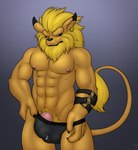 balls beard blonde_hair blue_eyes bulge clothing dripping_penis erection facial_hair frown genitals hair male mane muscular nipples penis pubes solo underwear x03 bandai_namco digimon digimon_(species) leomon hi_res