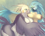 anthro beak big_breasts blue_body blue_eyes blue_feathers breasts cuddling duo feathered_wings feathers female female/female fluffy green_body green_eyes green_feathers grey_body grey_feathers hug looking_down multicolored_body multicolored_feathers nipples non-mammal_breasts non-mammal_nipples nude overweight simple_background standing tail tail_feathers thick_thighs white_body white_feathers wide_hips wings yellow_body yellow_feathers mabyn ara_(genus) avian bird blue-and-yellow_macaw cockatiel cockatoo macaw neotropical_parrot parakeet parrot true_parrot 2011