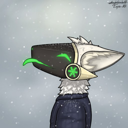anthro biped blue_clothing blue_sweater blue_topwear clothing cybernetics fur glowing glowing_tongue green_tongue happy machine male neck_tuft simple_background snow snowfall solo standing sweater text tongue tongue_out topwear tuft visor white_body white_fur winter ekspie-a01 connor_(ekspie-a01) cyborg protogen 1:1 artist_name digital_drawing_(artwork) digital_media_(artwork) watermark