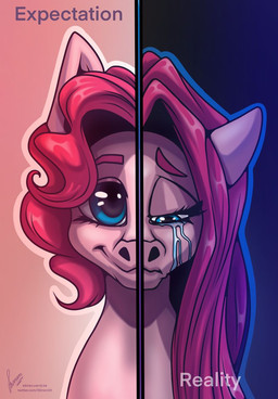 bodily_fluids crying curly_hair female feral front_view hair long_hair short_hair smile solo split_screen straight_hair tears stirren friendship_is_magic hasbro my_little_pony pinkamena_(mlp) pinkie_pie_(mlp) equid equine horse mammal pony