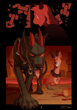 black_body bodily_fluids collar curvy_figure detailed_background feral fur group looking_at_viewer nude open_mouth pink_body pink_fur slim_anthro smile tail tan_body tan_fur text tongue tongue_out trio twang mythology glace_(glaceiscoffee) bovid canid canid_demon canine caprine demon goat hellhound mammal mythological_canine mythological_creature 2026 artist_name colored comic digital_drawing_(artwork) digital_media_(artwork) english_text hi_res shaded signature
