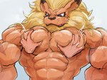 abs anthro biceps blonde_hair blue_eyes disembodied_hand duo groping_chest hair male mane muscular muscular_anthro muscular_male pecs shirtless vein veiny_muscles waddledox bandai_namco digimon digimon_(species) leomon 4:3 absurd_res hi_res