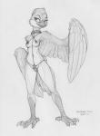 2017 anthro avian avian_feet beak bird breasts ecmajor feathered_wings feathers female greyscale hi_res monochrome navel nipple_chain nipples non-mammal_breasts non-mammal_nipples simple_background smile solo traditional_media_(artwork) white_background wide_hips wings