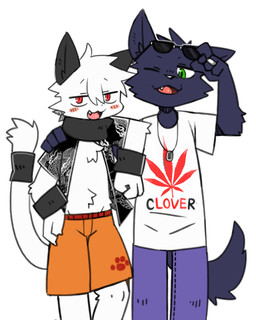 anthro arm_tuft belly_tuft biped black_ears blue_bottomwear blue_clothing blush bottomwear cat_tail cheek_tuft chest_tuft clothed clothing dog_tags dog_tail duo elbow_tuft eyewear eyewear_on_head facial_tuft fur green_eyes grey_body grey_fur hand_on_hip hand_on_shoulder head_tuft looking_at_viewer male one_eye_closed open_clothing open_mouth open_shirt open_smile open_topwear orange_bottomwear orange_clothing pattern_clothing pattern_topwear plant pose print_clothing print_topwear red_eyes ring shirt shorts simple_background smile standing sunglasses sunglasses_on_head topwear tuft wearing_sunglasses white_background white_body white_fur wink pizademokttero nifram_logan reggie_(lazycatto) canid canine canis domestic_cat felid feline felis mammal wolf 2025 4:5 absurd_res digital_drawing_(artwork) digital_media_(artwork) hi_res