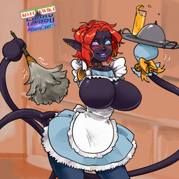 2_missing_limbs amputee big_breasts black_body black_fur breasts cleaning_tool clothing disability double_amputee embarrassed exposed_breasts feather_duster featureless_breasts fur hair maid_uniform missing_all_arms missing_arm missing_limb multi_tail prehensile_tail red_hair skinny_waist small_waist tail uniform wide_hips larru-larru trials_in_tainted_space 1:1