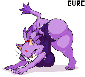 accessory anthro ass_up big_breasts big_butt black_mouth black_nose breasts butt clothing eyelashes female forehead_gem gem hair hair_accessory hairband huge_butt leotard open_mouth orange_eyes purple_body purple_clothing purple_ears purple_hair purple_leotard purple_tail red_gem red_hairband simple_background solo stretching tail tan_inner_ear text thick_thighs three-quarter_view white_background evrc sega sonic_the_hedgehog_(series) blaze_the_cat domestic_cat felid feline felis mammal 2026 artist_name cel_shading colored digital_media_(artwork) hi_res shaded