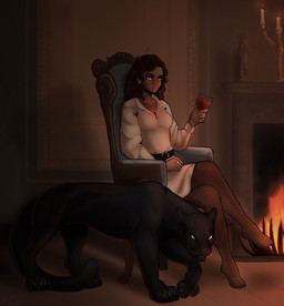 alcohol ambiguous_feral ambiguous_gender beverage black_body black_fur breasts brown_body brown_hair brown_skin chair cleavage clothed clothing container cup curly_hair detailed_background digit_ring digitigrade dress drinking_glass duo ear_piercing female female_human feral finger_ring fire fireplace fur furniture glass glass_container glass_cup green_eyes hair holding_container holding_cup holding_drinking_glass holding_object holding_wine_glass inside jewelry legwear long_hair melanistic on_chair pantyhose piercing plantigrade serious sitting sitting_on_chair snout standing tail whiskers white_clothing white_dress wine wine_glass chorny_vasiliok the_hunger_games fan_character felid human leopard mammal pantherine 2024 digital_drawing_(artwork) digital_media_(artwork) shaded soft_shading