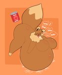 absurd_res anthro belly beverage beverage_can big_belly big_breasts bloated blorp blush breasts brown_body brown_fur burping butt drooling_tongue eevee english_text eyebrows eyelashes featureless_breasts female fur generation_1_pokemon glorp hair hanging_belly hi_res inflation looking_pleasured mammal nintendo nude nude_female onomatopoeia open_mouth orb overweight overweight_anthro overweight_female pickles_(swallowpancakes) pokemon pokemon_(species) rumbling_stomach simple_background slosh sloshing_belly smile soda soda_inflation solo sound_effects swallowpancakes tail text thick_thighs tongue wide_hipped_female wide_hips