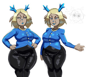 anthro antlers black_bottomwear black_clothing black_pants blonde_hair blue_antlers blue_clothing blue_eyes blue_lipstick blue_topwear bottomwear brown_body brown_ears brown_fur clothed clothing female fur gem hair hands_on_hips hands_on_own_hips horn jewelry lipstick makeup necklace pants pearl_(gem) pearl_necklace simple_background tear_trough text thick_thighs topwear white_background wide_hips swagmanguypal deltarune sad-eyed_spongebob_(meme) undertale_(series) carol_holiday deer mammal new_world_deer reindeer absurd_res artist_name hi_res meme watermark