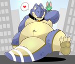 2022 absurd_res anthro belly big_belly biped blue_body building collar dinosaur duncan_roo duo feet feral green_body heart_symbol hi_res kemono larger_feral larger_male m2vcjtad5hsdvla macro macro_anthro macro_feral macro_male macroceli male navel outside overweight overweight_male reptile scalie size_difference smaller_anthro smaller_male