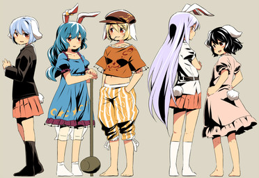 barefoot black_hair blazer blonde_hair blue_clothing blue_dress blue_hair bottomwear clothed clothed_female clothed_humanoid clothing dress ear_clip feet female flat_cap floppy_ears group hair hammer hands_in_both_pockets hat headgear headwear jacket kine_(mallet) long_hair midriff navel orange_clothing orange_shirt orange_topwear pattern_bottomwear pattern_clothing pattern_shorts pink_clothing pink_dress purple_hair red_eyes shirt shorts simple_background skirt smile striped_bottomwear striped_clothing striped_shorts stripes tail tools topwear white_ears white_tail yudepii touhou reisen_(touhou_bougetsushou) reisen_udongein_inaba ringo_(touhou) seiran tewi_inaba animal_humanoid humanoid lagomorph lagomorph_humanoid leporid_humanoid mammal mammal_humanoid rabbit_humanoid 2015 full-length_portrait hi_res portrait