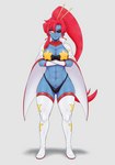 abs big_breasts bite biting_lip blue_body blue_scales breasts clothing ear_fins eye_patch eyeshadow eyewear female fin hair makeup nipple_outline pasties red_eyeshadow red_hair scales solo standing yellow_sclera princeofchilledbros tengen_toppa_gurren_lagann undertale undertale_(series) undyne yoko_littner fish marine 2021 absurd_res hi_res