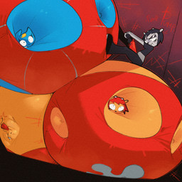 anthro belly belly_expansion big_belly black_clothing black_shirt black_topwear blue_body blue_fur body_inflation brown_body brown_fur clothed clothed_anthro clothed_female clothing expansion female female_anthro feral fingers fur group huge_belly hyper hyper_belly hyper_inflation immobile inflation red_clothing red_shirt red_topwear shirt spherical_inflation sunken_head sunken_limbs topwear secretstarroom parappa_the_rapper sony_corporation sony_interactive_entertainment um_jammer_lammy katy_kat lammy_lamb rammy_lamb bovid caprine domestic_cat felid feline felis mammal sheep 1:1 2025 colored digital_drawing_(artwork) digital_media_(artwork) hi_res