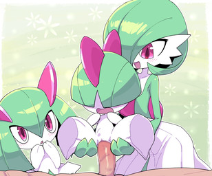 assisted_sex female female_humanoid genitals green_hair group hair hair_over_eyes human_on_humanoid interspecies male male/female male_human penis pink_eyes pokephilia sex size_difference vaginal white_body young young_female young_humanoid nollety nintendo pokemon gardevoir generation_3_pokemon human humanoid kirlia mammal pokemon_(species) ralts censored digital_media_(artwork) mosaic_censorship