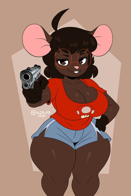 anthro big_breasts bottomwear breasts brown_body brown_eyes brown_hair cleavage clothed clothing curvy_figure eyewear female glasses gun hair hand_on_hip hand_on_own_hip handgun looking_at_viewer markings mole_(marking) on_model pistol pointing_gun_at_viewer ranged_weapon shorts simple_background solo standing thick_thighs voluptuous voluptuous_anthro voluptuous_female weapon wide_hips pamaht9 gwen_geek gwen_martin mammal mouse murid murine rodent hi_res signature spanish_description