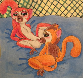 anthro anthro_on_anthro blush breasts countershading cunnilingus duo eyelashes featureless_breasts female female/female female_anthro fur genitals looking_at_another looking_at_partner looking_pleasured nude nude_anthro nude_female open_mouth oral orange_body orange_fur sex tongue tongue_out vaginal vulva white_body white_countershading young young_anthro young_female puku83 all_hail_king_julien dreamworks madagascar_(series) clover_(madagascar) crimson_(madagascar) crowned_lemur lemur mammal primate strepsirrhine 2015 traditional_media_(artwork) sibling_(lore) sister_(lore) sisters_(lore) twins_(lore)