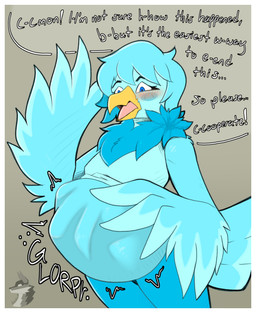 abdominal_bulge accidental_vore anthro blush border feather_tuft feathers female fluffy oral_vore prey_imprint questionable_consent rumbling_stomach solo text tuft vore white_border arkailart undertale_(series) undertale_yellow martlet_(undertale_yellow) avian absurd_res digital_media_(artwork) english_text hi_res