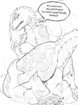 anthro breasts claws cunnilingus duo eyes_closed facesitting female female_on_top genitals hair interspecies looking_back male male/female non-mammal_breasts on_top oral penis sex sitting_on_another spikes tail text toe_claws vaginal worried xerun canid canine lizard mammal reptile scalie 3:4 english_text greyscale hi_res monochrome