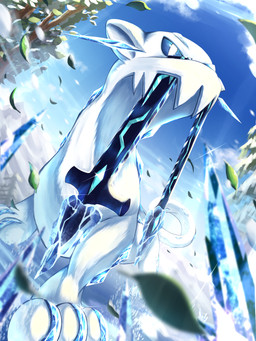 ambiguous_gender blue_body blue_eyes blue_sky eyebrows feral fur ice leaf pupils quadruped sharp_teeth sky slit_pupils solo tail teeth white_body white_ears white_fur white_pupils white_tail wind ririri893 nintendo pokemon chien-pao generation_9_pokemon legendary_pokemon pokemon_(species) 3:4 absurd_res hi_res