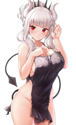 apron apron_only blush breasts clothed clothing female hair horn mostly_nude not_furry red_eyes simple_background solo tail text text_on_apron text_on_clothing white_background white_hair oxenia helltaker lucifer_(helltaker) demon demon_humanoid horned_humanoid humanoid tailed_humanoid 2020 absurd_res hi_res