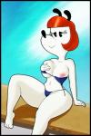 anthro bikini black_border border breasts cleavage clothed clothing female hair nipples one_breast_out red_hair smile solo swimwear two-piece_swimsuit sirredbenjamin mickey_mouse_shorts erica_(disney) canid canine canis domestic_dog mammal chromatic_aberration hi_res