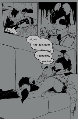 4_toes ambiguous/ambiguous ambiguous_anthro ambiguous_gender anthro clothed clothing dialogue duo feet furniture slice_of_life sofa speech_bubble toes topless topless_ambiguous topless_anthro jibjoblemeza american_opossum mammal marsupial virginia_opossum comic hi_res monochrome