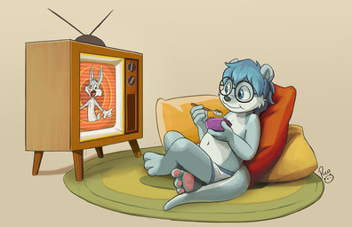 anthro blue_eyes blue_hair bowl cheek_tuft clothed clothing container crt cutlery eating eyewear facial_tuft fur glasses grey_body grey_fur hair holding_bowl holding_container holding_object holding_spoon kitchen_utensils male male_anthro mouth_closed reclining round_glasses short_hair sitting solo spoon tools topless tuft watching_television white_body white_fur young young_anthro young_male pandapaco mammal mustelid otter