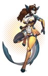 anthro big_breasts blue_body breasts brown_hair clothing collarbone eyebrows feet female fingerless_gloves gloves grey_eyes hair handwear knee_pads legwear navel solo tail white_body yellow_clothing pgm300 fish marine shark 2025 absurd_res digital_media_(artwork) hi_res