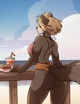 anthro beach blonde_hair breasts clothed clothing female food fur grey_body grey_fur hair hot_dog rear_view seaside solo swimwear tail thetiedtigress lu_(thetiedtigress) ailurid canid canine fox hybrid mammal red_panda hi_res