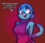 anthro clothing female nervous nervous_smile solo sweater tail text topwear virgin_killer_sweater yellowcyann cartoon_network meme_clothing the_amazing_world_of_gumball nicole_watterson domestic_cat felid feline felis mammal absurd_res english_text hi_res meme