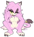 anthro areola breasts crouching female fur genitals green_eyes looking_at_viewer navel nipples nude pink_body pink_fur pussy smile smiling_at_viewer solo white_body white_fur yellow_sclera senshion felid feline mammal 2024 absurd_res hi_res