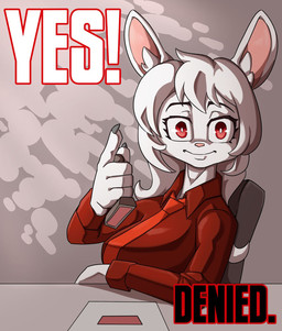 accessory anthro claws clothed clothed_female clothing female fur hair looking_at_viewer necktie pink_nose red_clothing red_eyes solo text white_body white_fur white_hair daigaijin beldora_(hunter-zero) lagomorph leporid mammal rabbit english_text hi_res