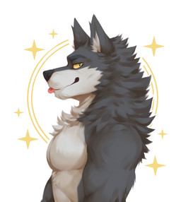anthro clothed clothing inner_ear_fluff male muscular muscular_arms muscular_male neck_tuft pecs side_view simple_background solo standing star tongue tongue_out topless tuft white_background yellow_sclera flunky flunky_(character) canid canine canis mammal wolf absurd_res hi_res