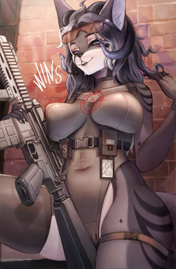 2_horns anthro belt belt_pouch big_breasts bodily_fluids breasts camel_toe clitoris clothing electronics eyewear female genitals glasses gun headgear headphones headset horn legwear leotard looking_at_viewer orange_eyewear orange_glasses ranged_weapon rifle smile smiling_at_viewer smirk smirking_at_viewer solo suggestive sweat sweatdrop thigh_highs weapon marshmallowgirl emie_(arctikus) felid hybrid mammal absurd_res hi_res