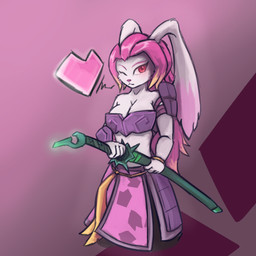 anthro armor big_breasts big_ears breasts cleavage clothed clothing dipstick_ears ear_markings eyelashes female floppy_ears front_view fur hair heart_symbol holding_melee_weapon holding_object holding_sword holding_weapon long_ears long_hair looking_at_viewer lop_ears markings melee_weapon multicolored_ears one_eye_closed pink_background pink_hair pink_nose red_eyes simple_background solo sword weapon white_body white_fur wide_hips wink winking_at_viewer cordus22 gunfire_reborn tao_(gunfire_reborn) lagomorph leporid mammal rabbit hi_res