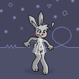 abstract_background anthro barefoot big_eyes big_head biped black_nose blush blush_lines clothed clothing dress embarrassed exclamation_point exposed feet female flat_chested fur genitals grey_body grey_fur head_tuft ineffective_clothing knock-kneed long_ears looking_at_self looking_down navel nipples no_underwear on_one_leg open_mouth outside paws raised_arms scut_tail short_tail simple_background sky solo standing star surprised tail three-quarter_view translucent translucent_clothing tuft vulva wardrobe_malfunction wireframe worried_look pixel_vibri vib-ribbon vibri lagomorph leporid mammal rabbit 1:1 2026 aliasing digital_media_(artwork) hi_res shaded