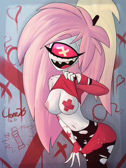1_eye breasts clothed clothing clothing_lift female flashing genitals hair heart_symbol legwear nipple_tape nipples not_furry one_breast_out pasties pink_hair ponytail shirt shirt_lift solo tape topwear torn_clothing torn_legwear vulva white_body white_skin clone26 hazbin_hotel hellaverse cherri_bomb_(hazbin_hotel) cyclops demon humanoid 3:4 absurd_res hi_res