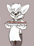 anthro apron claws clothed clothing eyebrows eyewear finger_claws food fur glasses hair holding_tray open_mouth teeth tongue tray young young_anthro harmarist riggles canid canine canis domestic_dog herding_dog mammal pastoral_dog welsh_corgi 2023 hi_res