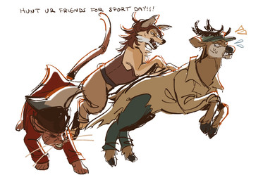 antlers chasing clothed clothing female feral fully_clothed group hairless hat headgear headwear hooves horn male multicolored_body paws simple_background tail teeth_showing text torn_clothing tricorne trio wearing_hat whiskers white_background drvoidiguana fallout microsoft cait_(fallout) hancock_(fallout) robert_maccready_(fallout) canid canine canis coyote deer domestic_cat felid feline felis hairless_cat mammal sphynx_(cat) english_text
