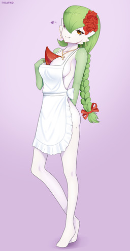 accessory apron apron_only beads braided_hair brown_eyes clothing cross cross_necklace digit_ring ear_piercing ear_ring female flower flower_in_hair furgonomic_piercing furgonomics green_hair hair hair_accessory heart_symbol jewelry markings mole_(marking) mostly_nude necklace piercing plant prayer_beads ribbons ring ring_piercing rosary solo wedding_ring the_atko nintendo pokemon soledad_(atomic417) gardevoir generation_3_pokemon pokemon_(species) absurd_res hi_res