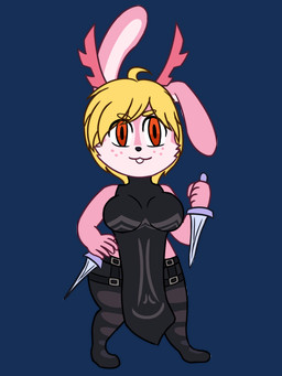 anthro blonde_hair clothing dagger female freckled_face freckles green_eyes hair leather melee_weapon pink_body pose smile solo tuft weapon anonymous_artist atlyss milky_rivas lagomorph leporid mammal poon_(atlyss) rabbit alpha_channel hi_res