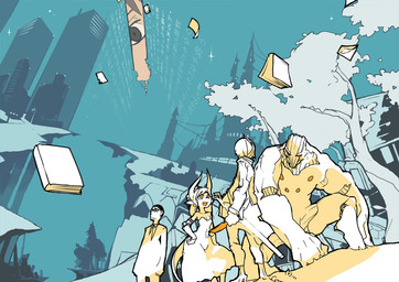 anthro book breasts building cleavage clothed clothing dagger dress eyewear female glasses group hair horn kemono medium_breasts melee_weapon open_mouth open_smile plant skyscraper smile standing sword text tree weapon idkuroi human mammal 2015 japanese_text