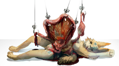 anthro autopsy blood blood_from_mouth blood_in_mouth bodily_fluids corpse death dipstick_ears dissection ear_markings feet female female_anthro female_death fur genitals gore gore_focus green_eyes guts hindpaw hook intestines lying markings mold multicolored_ears nude nude_anthro nude_female on_back orange_ear_tips organs paws pink_vulva simple_background solo stomach vulva white_background yellow_body yellow_fur boxwater canid canine canis coyote mammal 2026 digital_media_(artwork) digital_painting_(artwork) full-length_portrait hi_res painting_(artwork) portrait