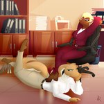 anthro bottomwear chair clothing duo feet female female/female foot_fetish footstool footwear furniture high_heels humanoid_feet office office_chair office_clothing pants plantigrade shoes smile smirk unimpressed digiqrow cobra herpestid mammal mongoose reptile scalie snake absurd_res hi_res